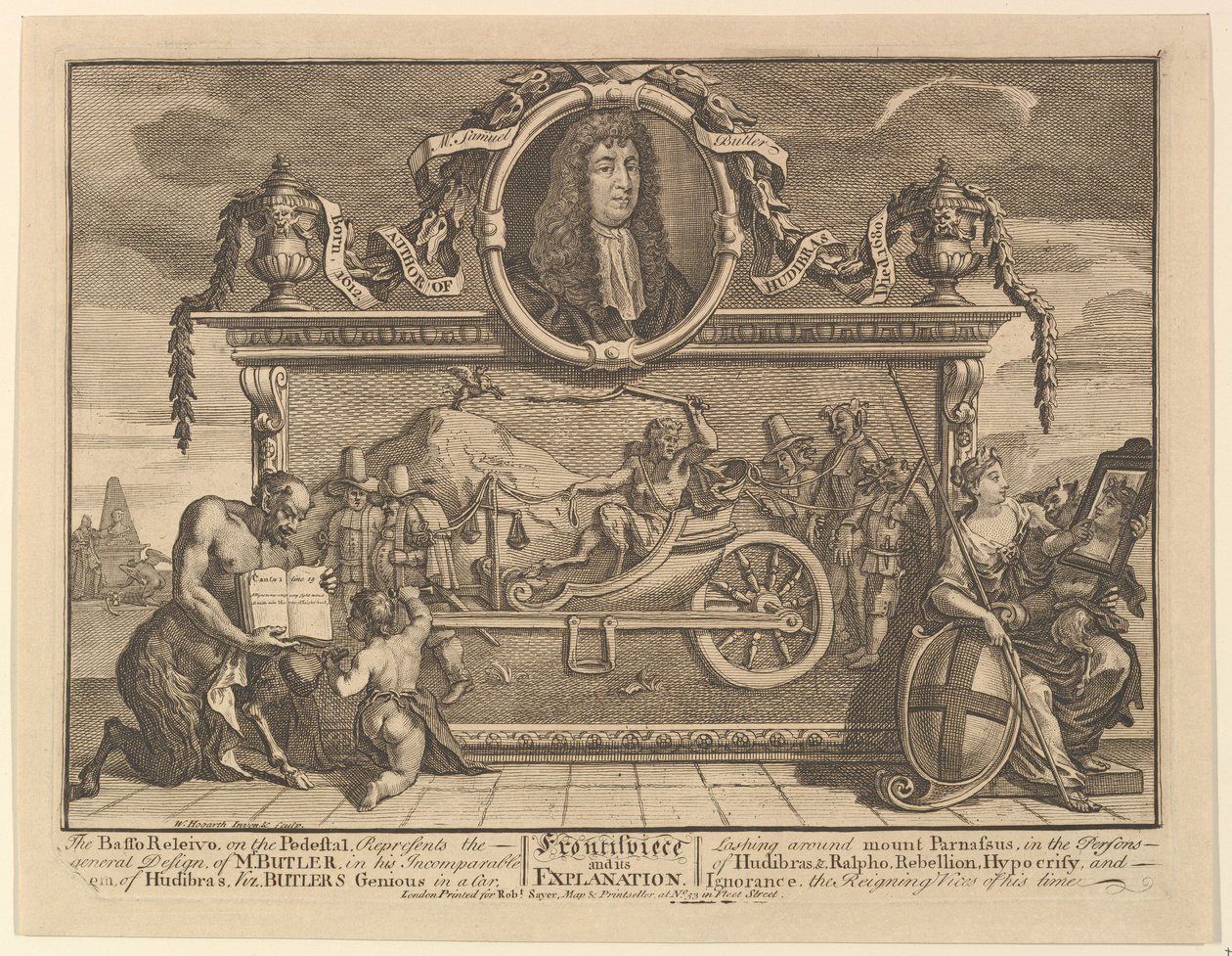 Frontyspis i jego wyjaśnienie Dwanaście dużych ilustracji dla Samuela Butlersa Hudibr..., 1725-68. autorstwa William Hogarth