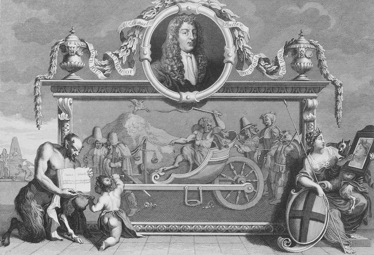 Frontyspis do „Hudibras”, w tym portret Samuela Butlera, grawerowany przez Cosmo Armstrong autorstwa William Hogarth