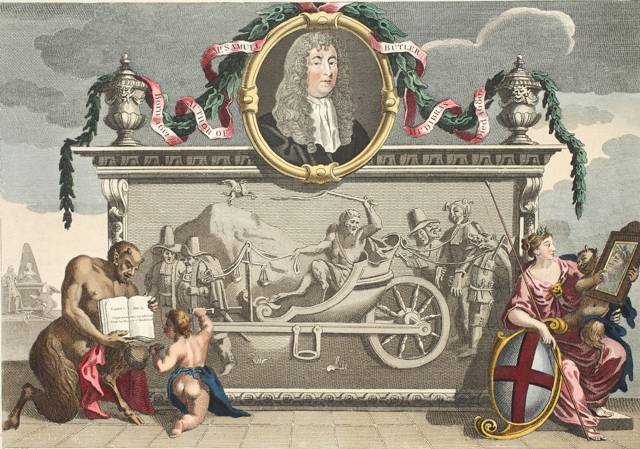 Frontyspis do „Hudibras”, w tym portret Samuela Butlera, ilustracja z „Hogarth Restored: The Whole Works of the sławny William Hogarth, ponownie grawerowany przez Thomasa Cooka”, wyd. 1812 (ręka- autorstwa William Hogarth