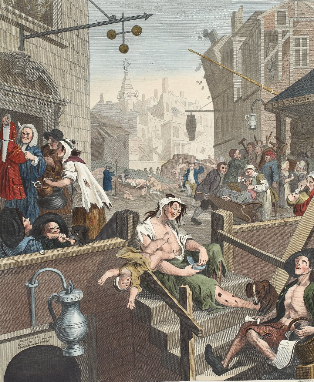 Gin Lane, ilustracja z „Hogarth Restored: The Whole Works of the sławny William Hogarth, ponownie grawerowany przez Thomasa Cooka”, wyd. 1812 (grawerowanie ręcznie kolorowane) autorstwa William Hogarth