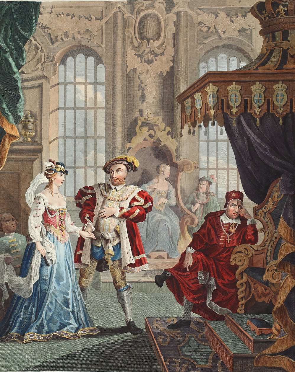 Henryk VIII i Anna Boleyn, ilustracja z książki „Odrestaurowany Hogarth: całe dzieła słynnego Williama Hogartha, ponownie grawerowane przez Thomasa Cooka”, wyd. 1812 (rycina ręcznie kolorowana) autorstwa William Hogarth