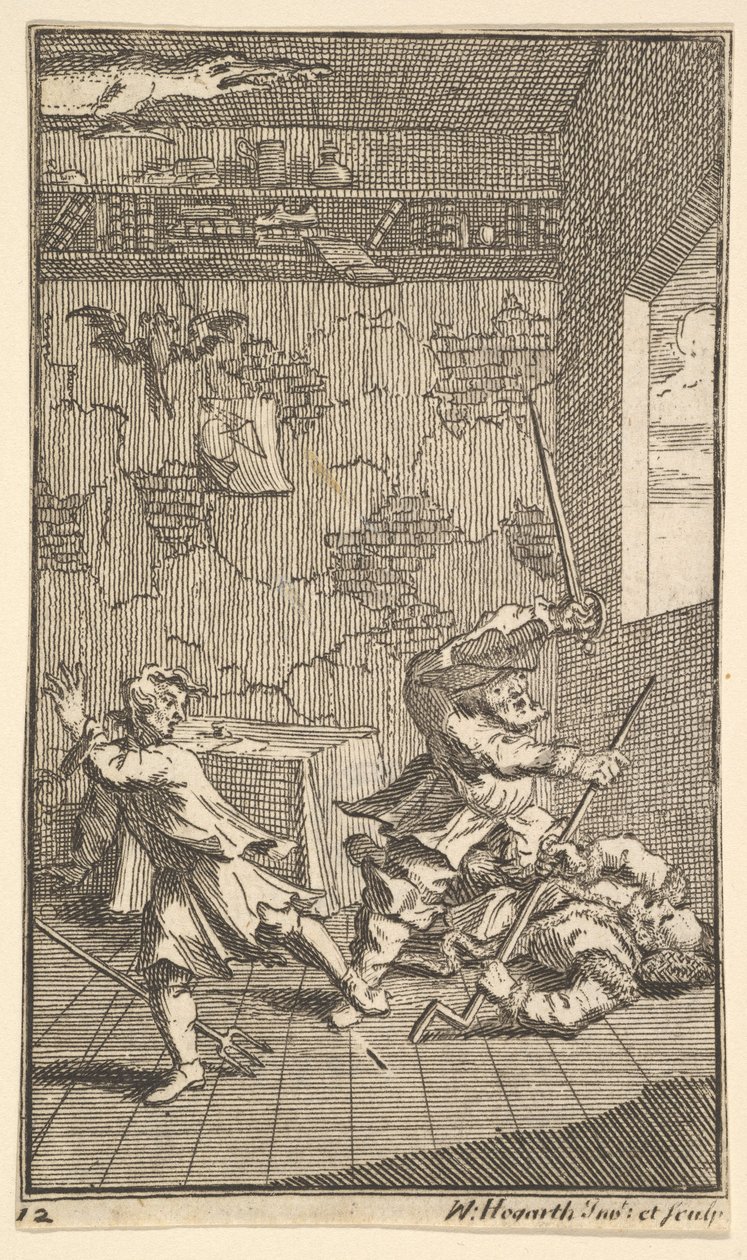Hudibras bijący Sidrophela i Whachuma Siedemnaście małych ilustracji dla Samuela Butlera..., 1721-26. autorstwa William Hogarth