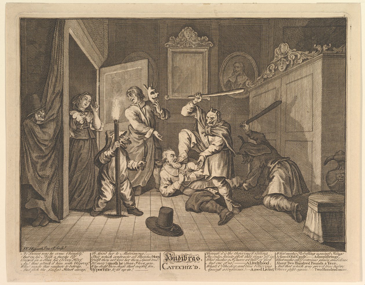 Hudibras katechizował dwanaście dużych ilustracji dla Samuela Butlersa Hudibras, tablica 9, 1725-68. autorstwa William Hogarth