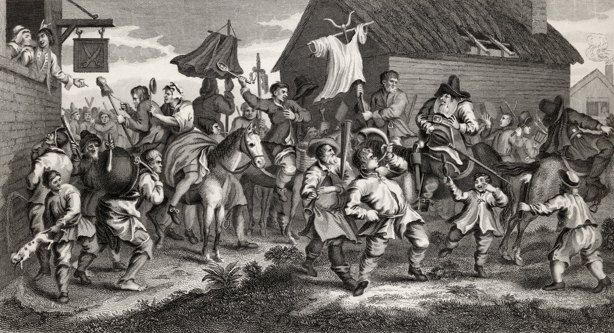 Hudibras Encounters the Skimmington, grawerowane przez T.E. Nicholson, z „Hudibras”, Samuel Butler (1612-80) z „Dzieła Hogartha”, opublikowane 1833 autorstwa William Hogarth