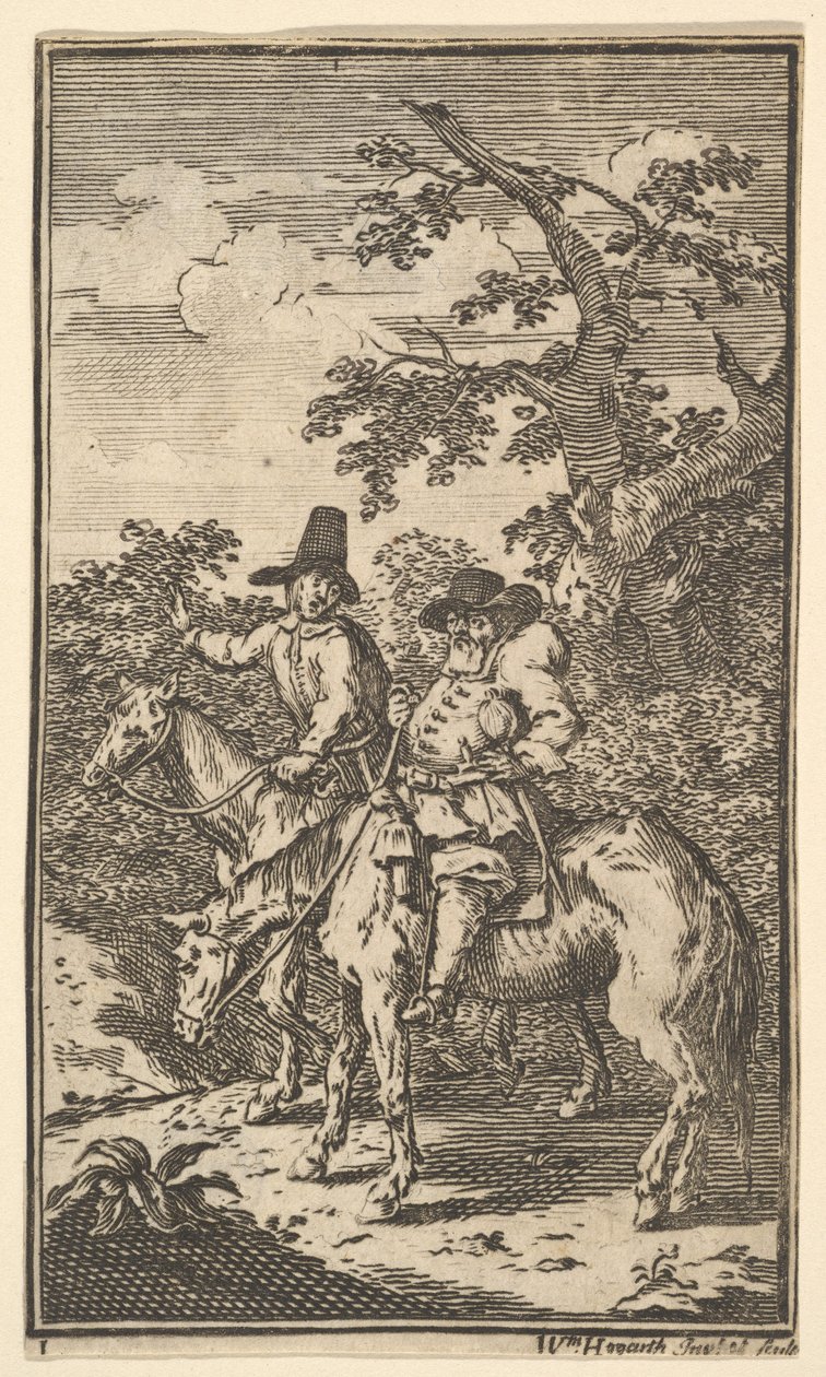 Hudibras zbliża się do siedemnastu małych ilustracji dla Samuela Butlersa Hudibras, nr..., 1721-26. autorstwa William Hogarth