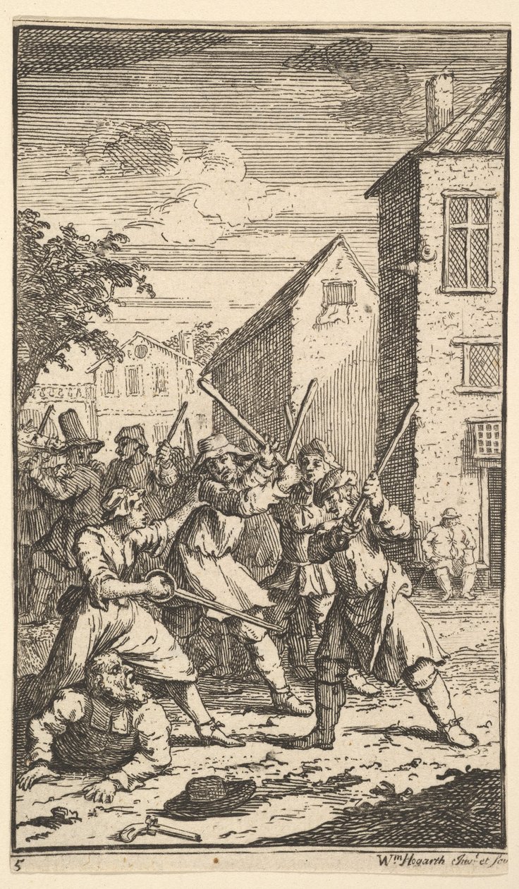 Hudibras Vanquished przez Trulla Seventeen Małe ilustracje dla Samuela Butlersa Hudibr..., 1721-26. autorstwa William Hogarth