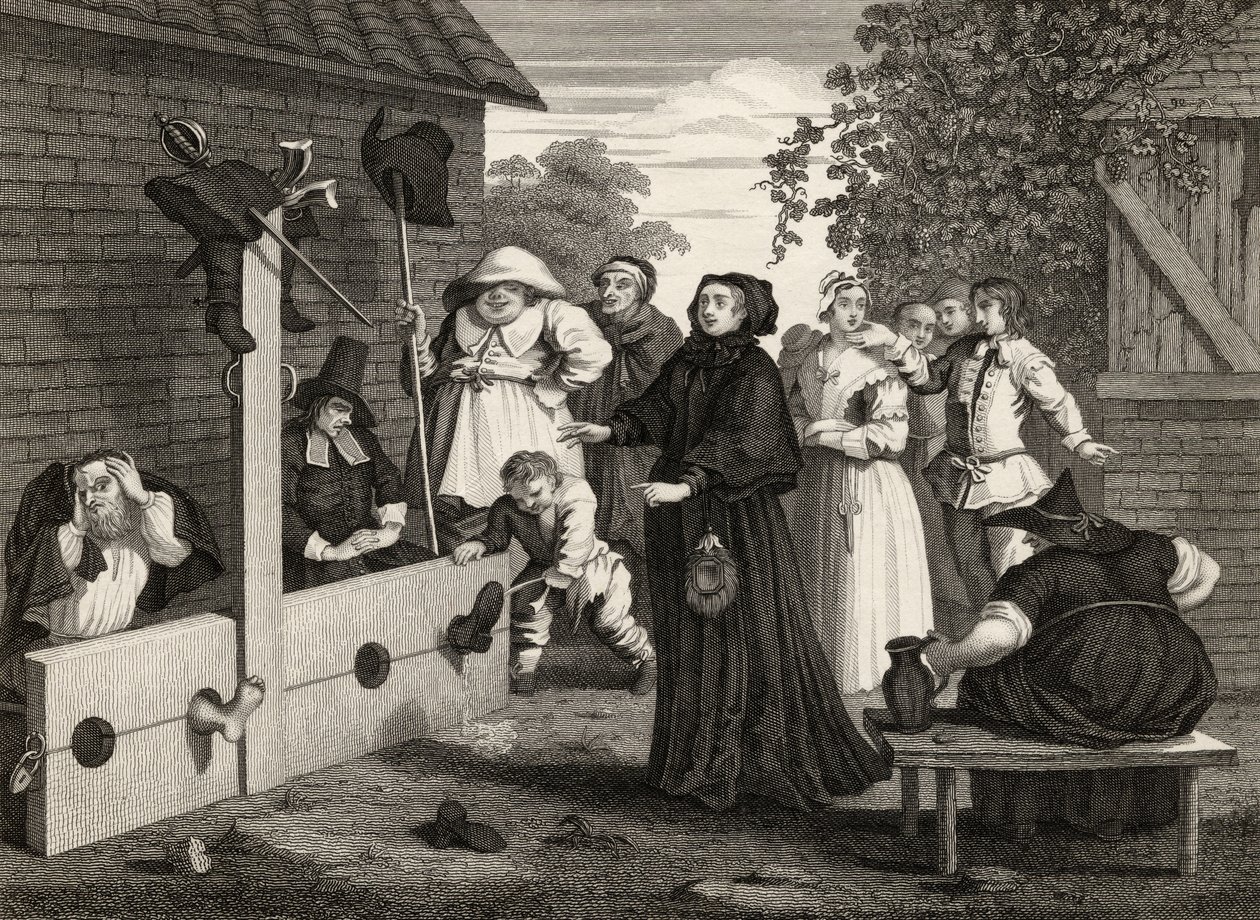 Hudibras i Ralpho in the Stocks, z „Hudibras” Samuela Butlera (1612-80) sztychowanego przez J. Romneya, z „Dzieła Williama Hogartha”, opublikowane 1833 autorstwa William Hogarth