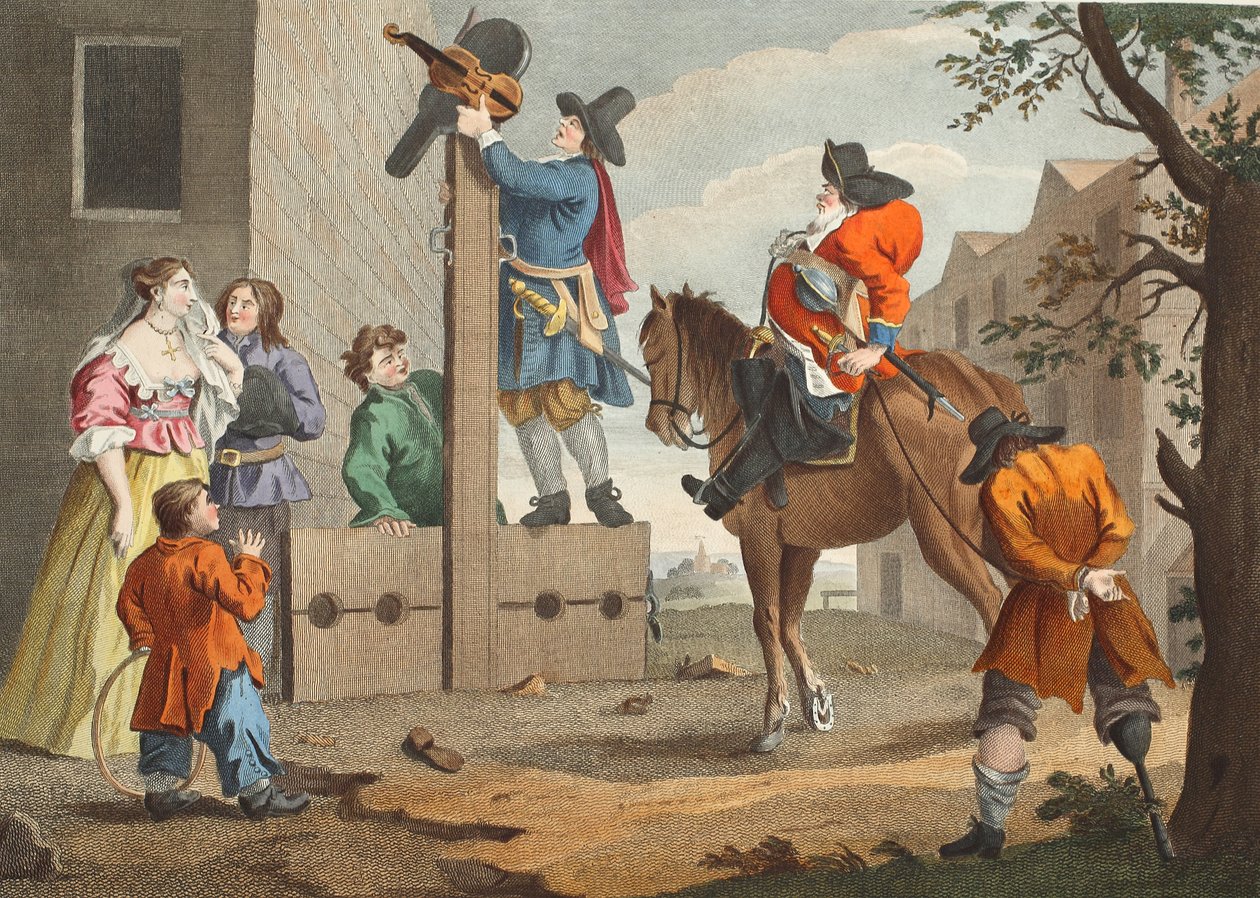 Hudibras prowadzący Crowdero w Triumfie, z „Hudibras” Samuela Butlera (1612-80), ilustracja z „Odrestaurowany Hogarth: całe dzieła słynnego Williama Hogartha, ponownie grawerowane przez Thomasa Cooka”, wyd. 1812 (rycina ręcznie kolorowana) autorstwa William Hogarth
