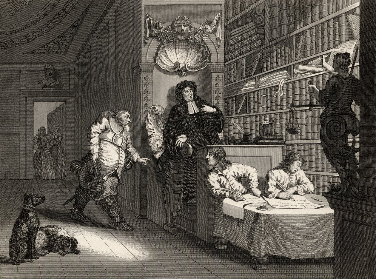 Hudibras z prawnikiem, z „Hudibras” Samuela Butlera (1612-80) rytego przez George