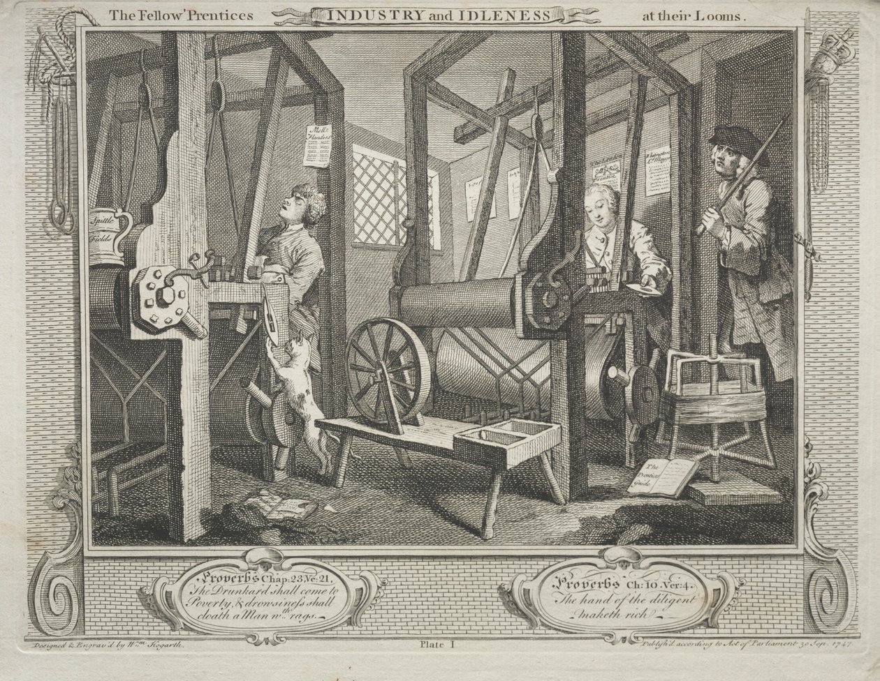 Przemysł i bezczynność: Fellow Prentces w swoich krosnach, 1747. autorstwa William Hogarth