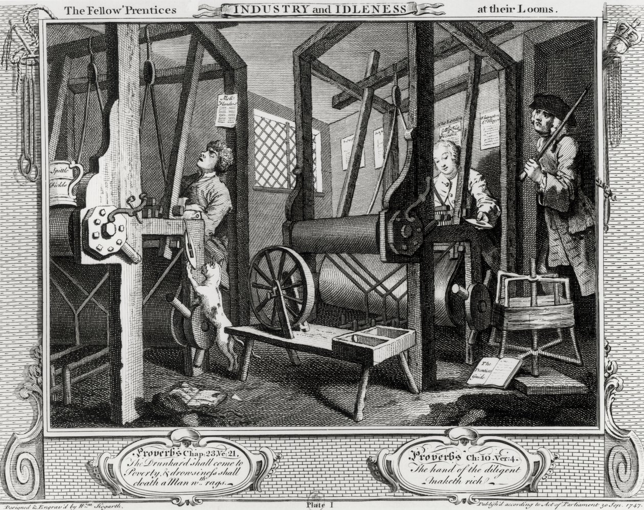 Przemysł i bezczynność, Koledzy „Prentices at Looms”, płyta 1 autorstwa William Hogarth