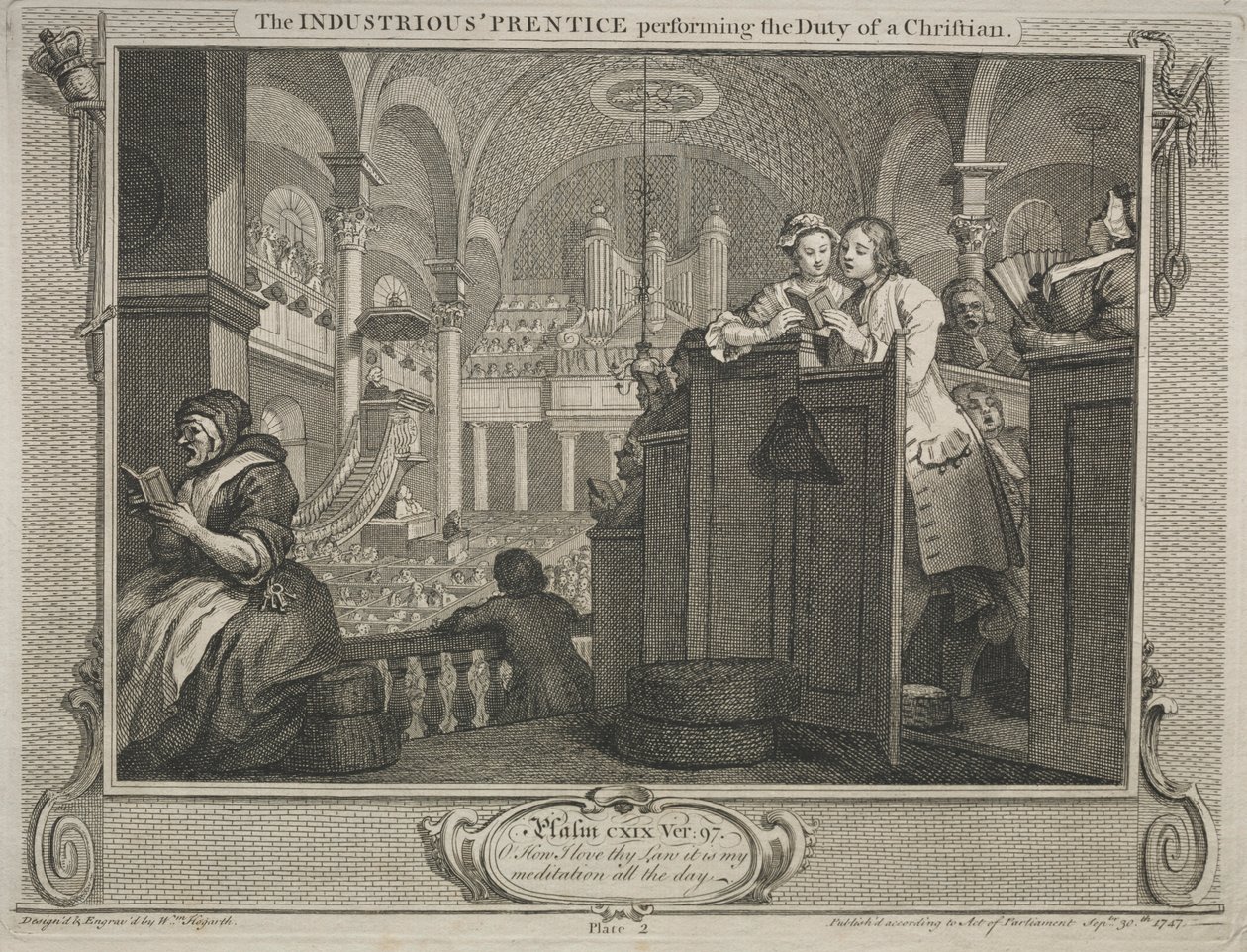 Przemysł i bezczynność: pracowity czeladnik wykonujący obowiązki chrześcijanina, 1747. autorstwa William Hogarth