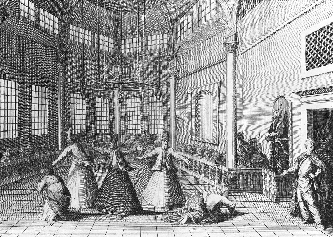 Wnętrze tureckiego meczetu, ilustracja z "Podróży przez Europę, Azję i część Afryki" Aubry