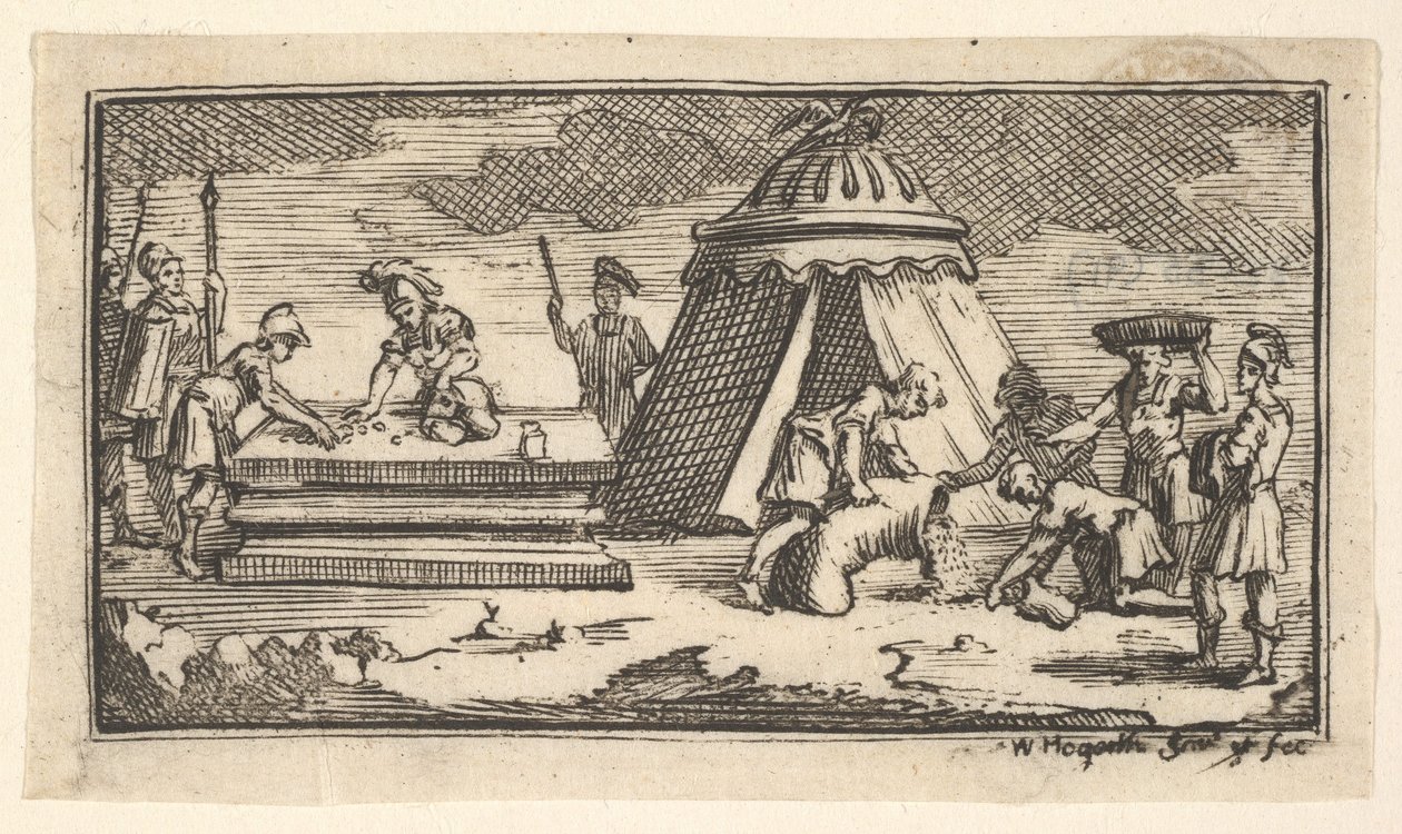 Wydano jęczmień zamiast pszenicy [pierwsza wersja] John Beaver, Roman Military Punishme..., po 1725 r. autorstwa William Hogarth