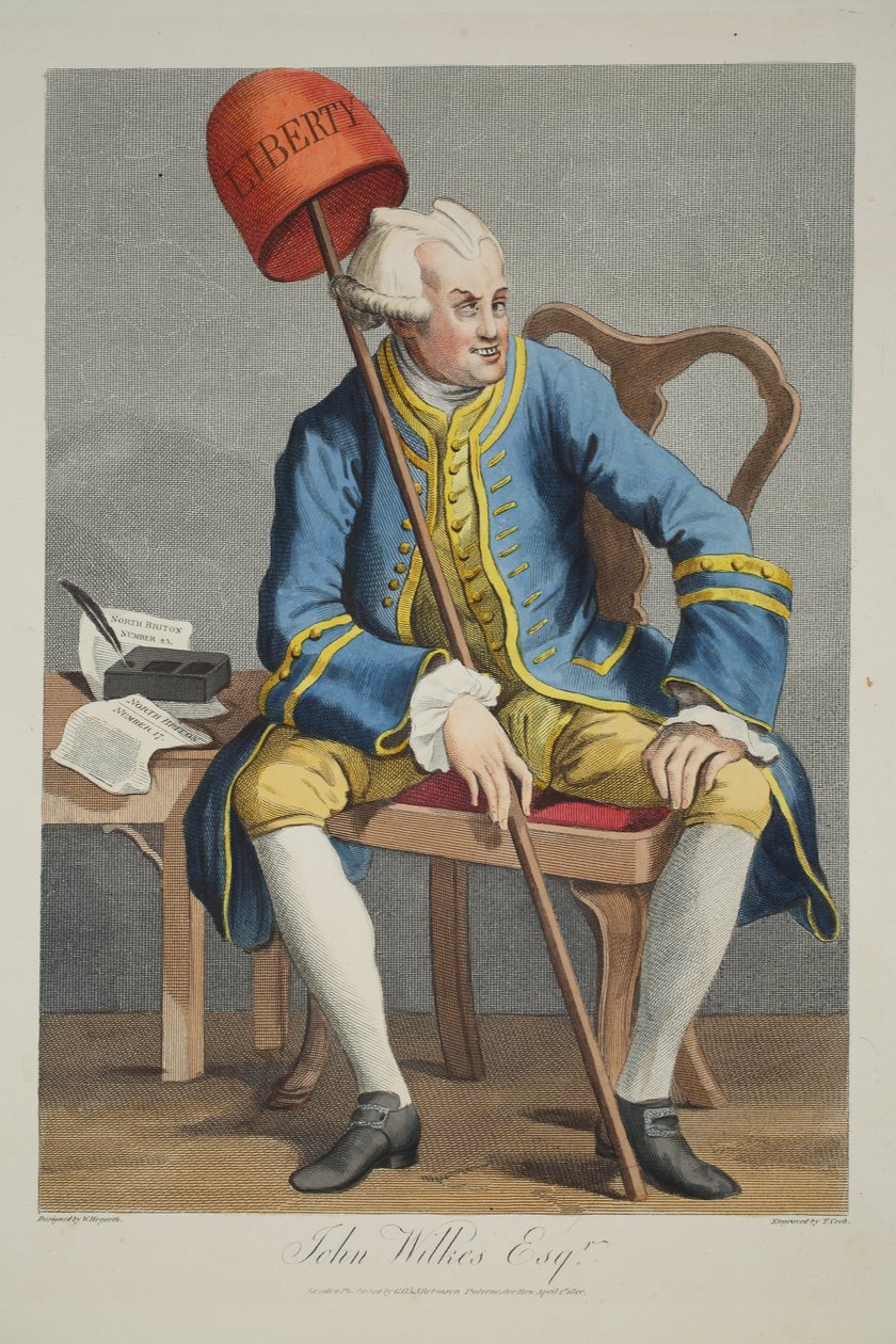 John Wilkes Esq., ilustracja z „Hogarth Restored: The Whole Works of the sławnego Williama Hogartha, ponownie grawerowane przez Thomasa Cooka”, wyd. 1812 (grawerowanie ręcznie kolorowane) autorstwa William Hogarth