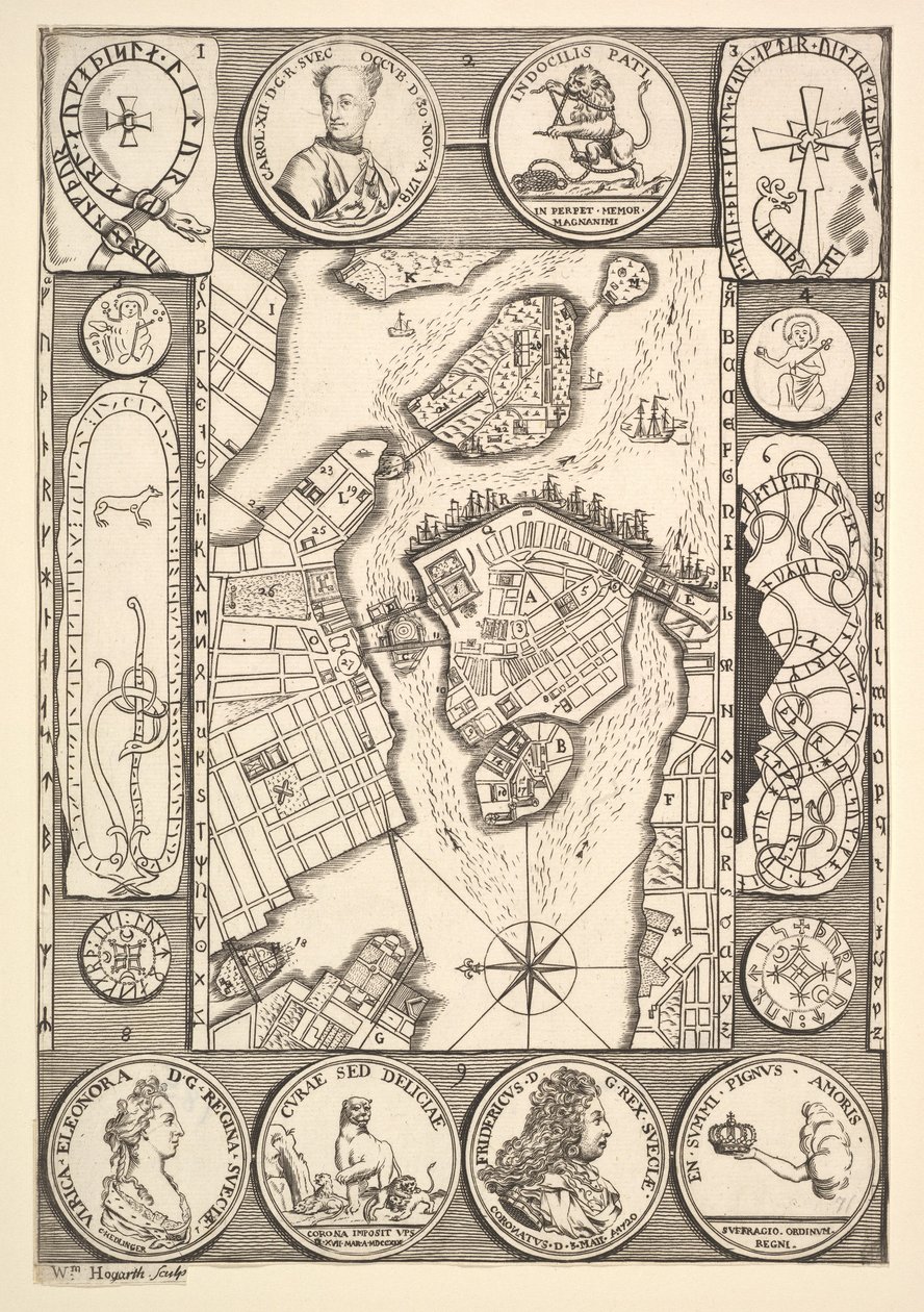 Mapa Sztokholmu Aubry de La Mottrayes Podróże po Europie, Azji i części..., 1723-24. autorstwa William Hogarth