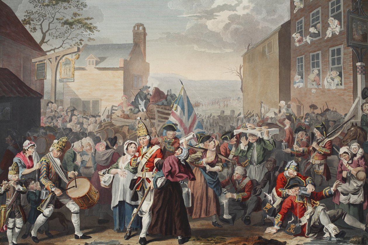 Marsz Straży do Finchley, ilustracja z „Hogarth Restored: The Whole Works of the sławny William Hogarth, ponownie grawerowany przez Thomasa Cooka”, wyd. 1812 (grawerowanie ręcznie kolorowane) autorstwa William Hogarth
