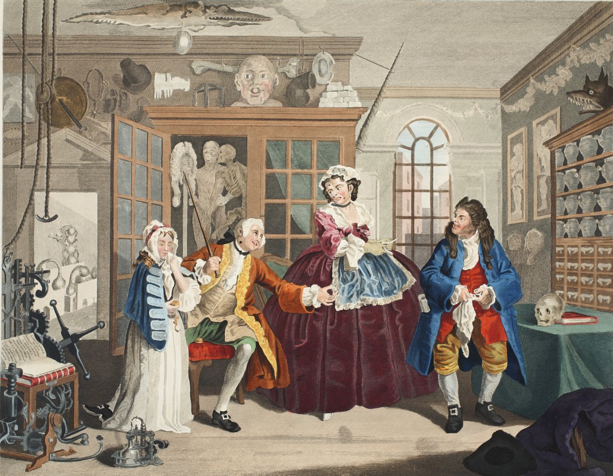 Marriage a la Mode, ilustracja III, Inspekcja, ilustracja z „Hogarth Restored: The Whole Works of the sławnego Williama Hogartha, ponownie grawerowane przez Thomasa Cooka”, wyd. 1812 (grawerowanie ręcznie kolorowane) autorstwa William Hogarth