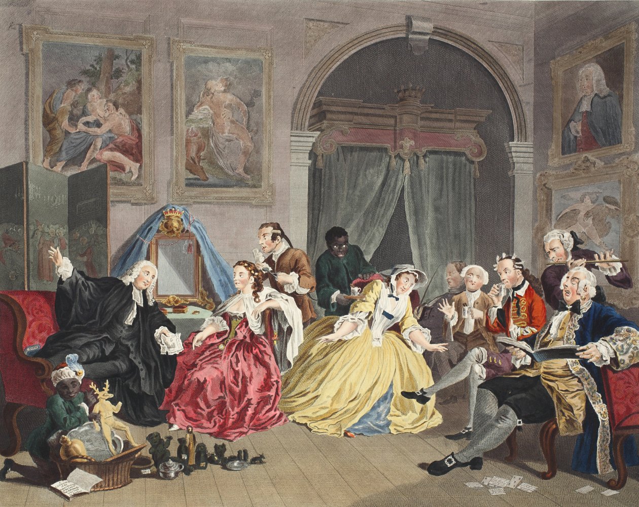 Marriage a la Mode, Plate IV, The Toilette, ilustracja z „Hogarth Restored: The Whole Works of the sławnego Williama Hogartha, ponownie grawerowane przez Thomasa Cooka”, wyd. 1812 (grawerowanie ręcznie kolorowane) autorstwa William Hogarth