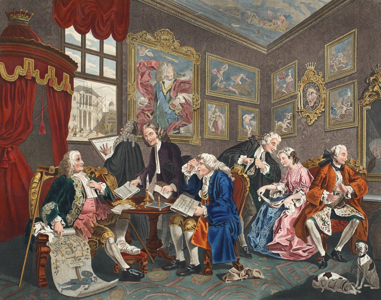 Marriage a la Mode, ilustracja I, The Marriage Settlement, ilustracja z „Hogarth Restored: The Whole Works of the sławnego Williama Hogartha, ponownie grawerowane przez Thomasa Cooka”, wyd. 1812 (ręcznie kolorowane engr autorstwa William Hogarth