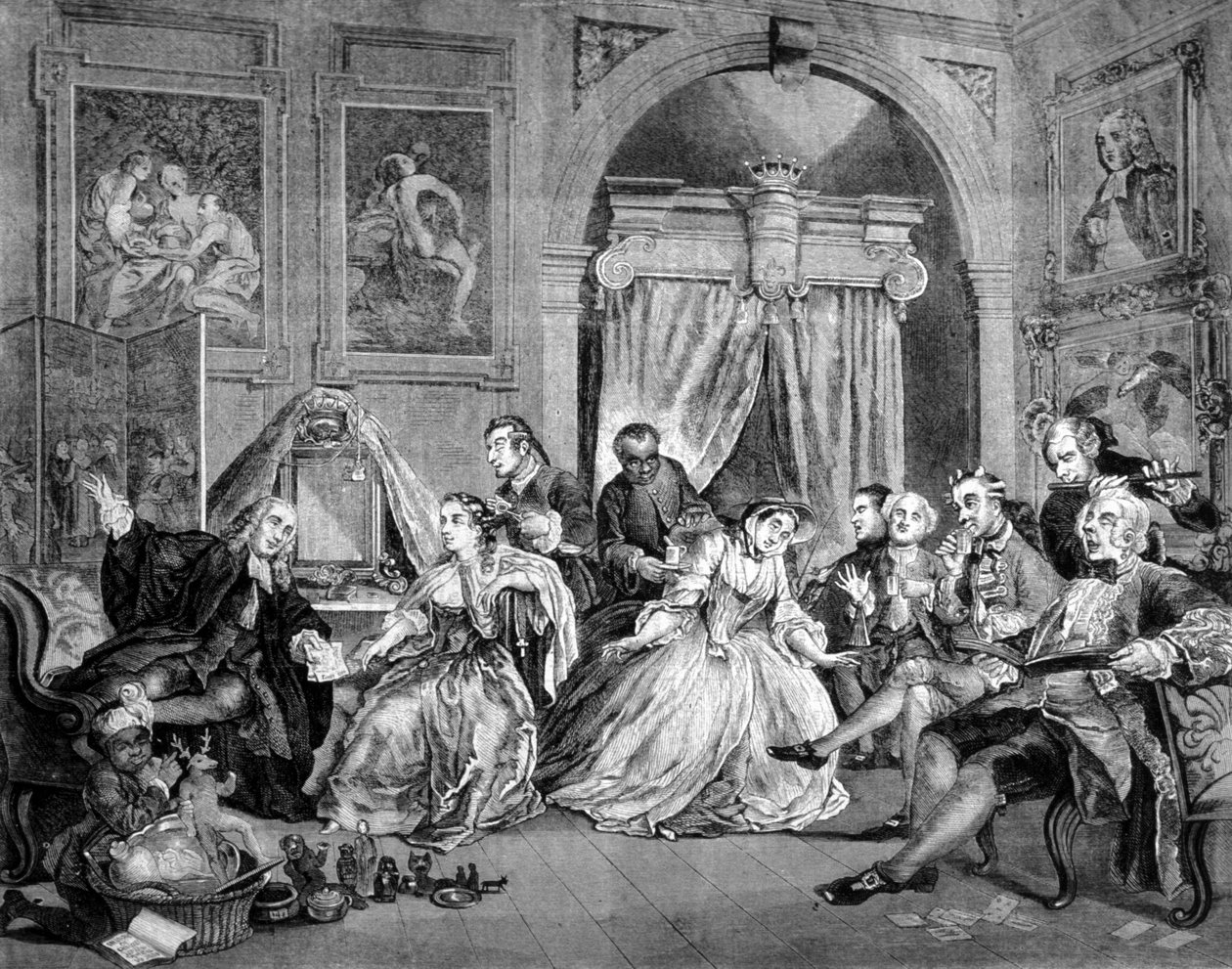 Małżeństwo w modzie (Małżeństwo w modzie): seria 6 plansz satyrycznych na wesele osób zamożnych. Podnieś go. Grawerowanie Williama Hogartha (1697 - 1764). 1745. autorstwa William Hogarth