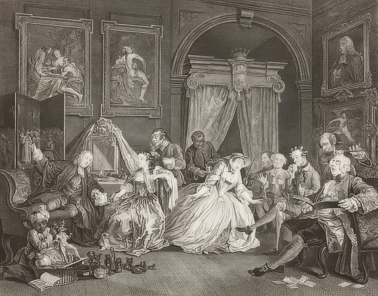 Małżeństwo à la Mode / małżeństwo według mody. Arkusz 4: Toaleta / Dźwignia hrabiny. 1745 (patrz również numer zdjęcia 2221) autorstwa William Hogarth
