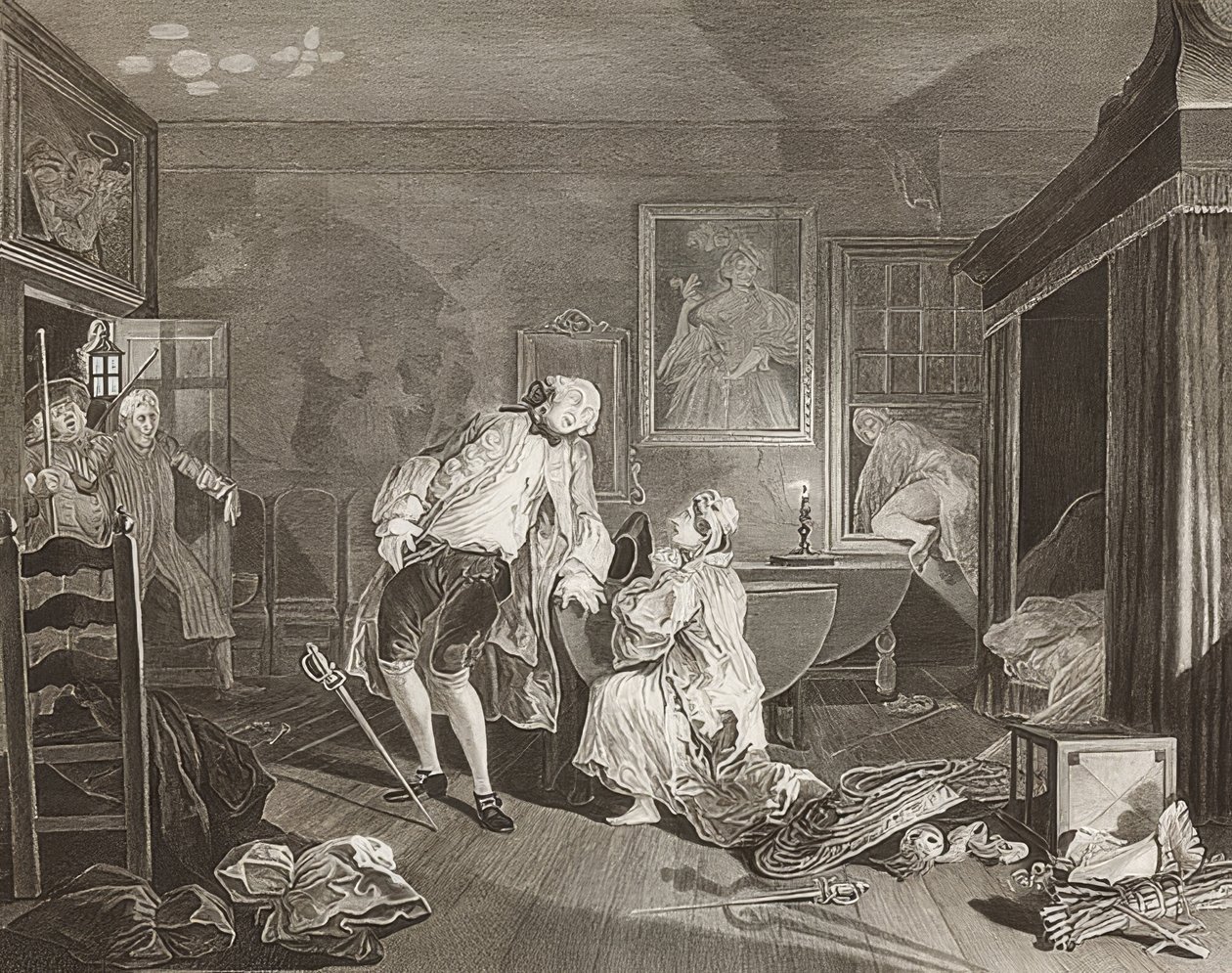 Małżeństwo a la Mode / Małżeństwo po modzie. Plansza 5: Bagnio / Hrabia pada w pojedynku. 1745 autorstwa William Hogarth