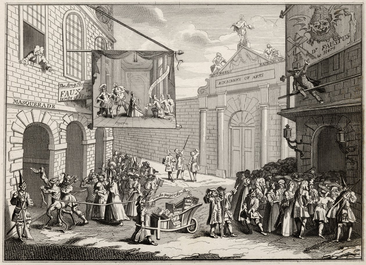 Maskarady i opery, Burlington Gate, z „Dzieła Hogartha”, wydane w 1833 r. autorstwa William Hogarth