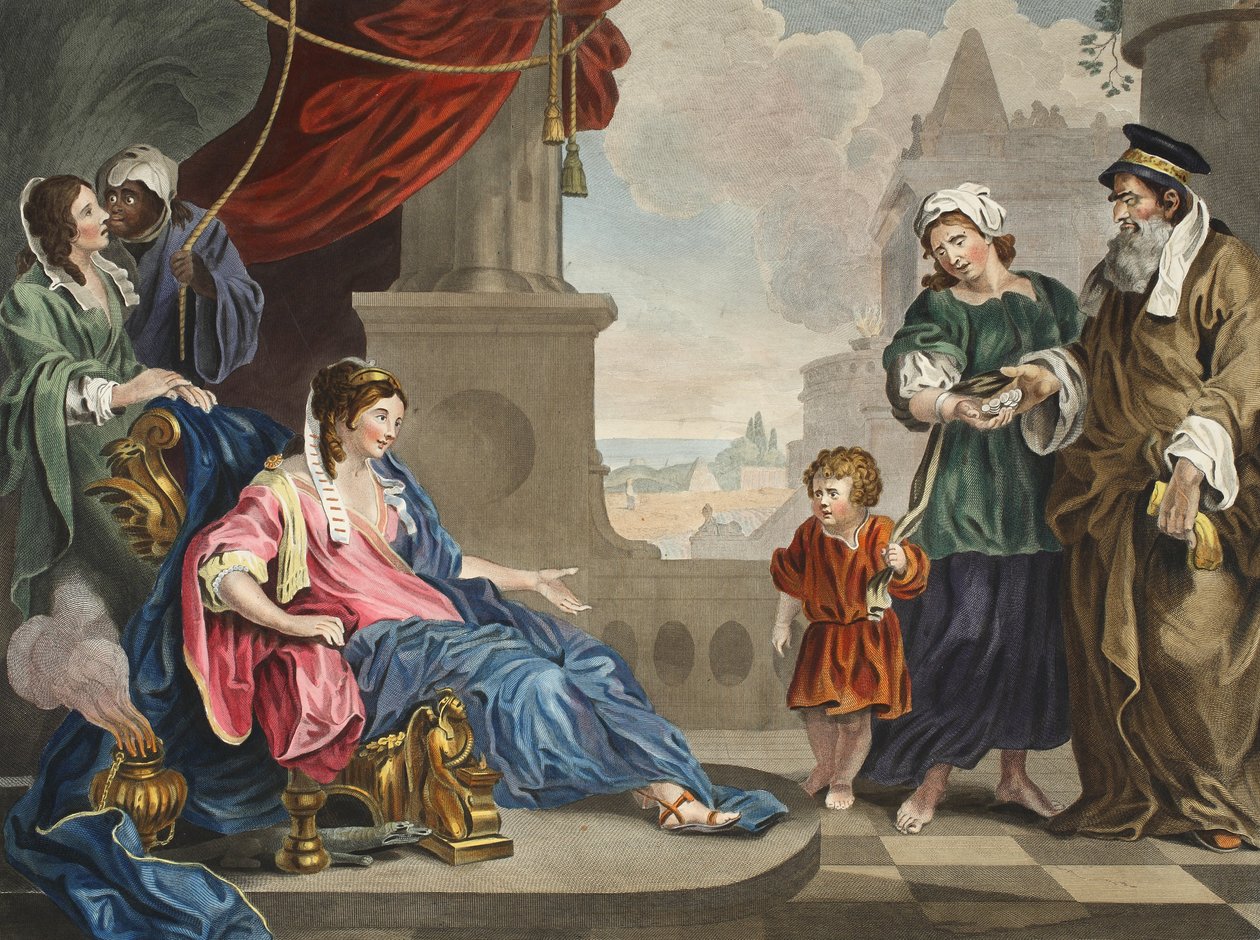 Mojżesz przyniósł córce faraona ilustrację z „Hogarth Restored: The Całe Dzieła sławnego Williama Hogartha, ponownie grawerowane przez Thomasa Cooka”, wyd. 1812 (grawerowanie ręcznie kolorowane) autorstwa William Hogarth