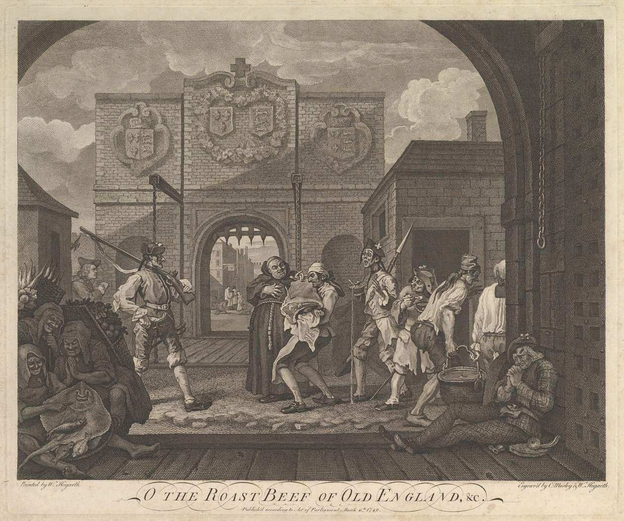 O pieczeń wołowa starej Anglii – Brama Caiais, 6 marca 1749 r. autorstwa William Hogarth
