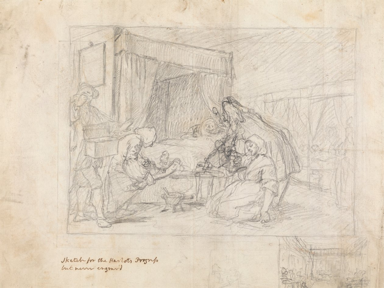 Scena operacyjna w szpitalu ze szkicami pomocniczymi na marginesie w prawym dolnym rogu autorstwa William Hogarth