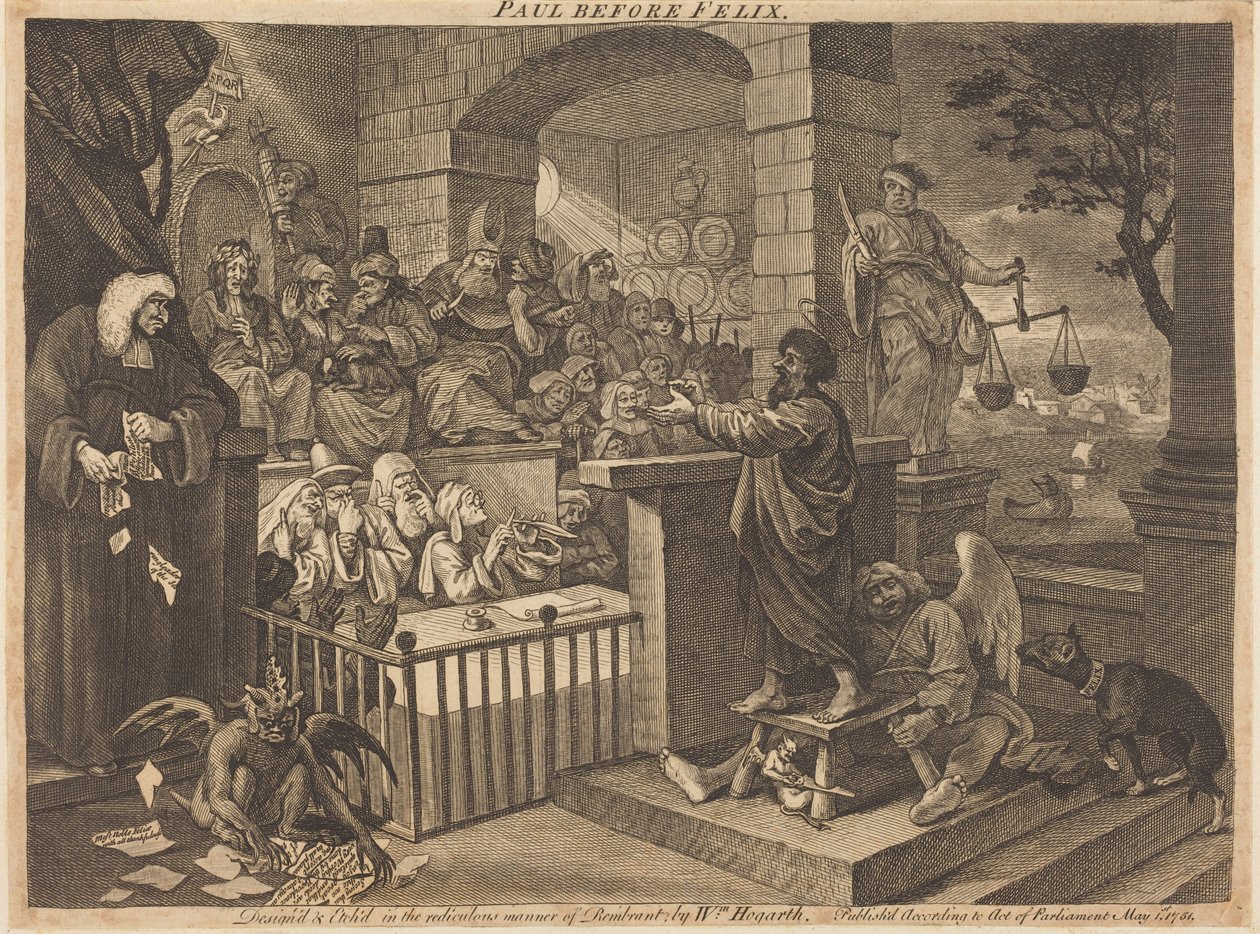 Paweł przed Feliksem w ujęciu burleskowym autorstwa William Hogarth