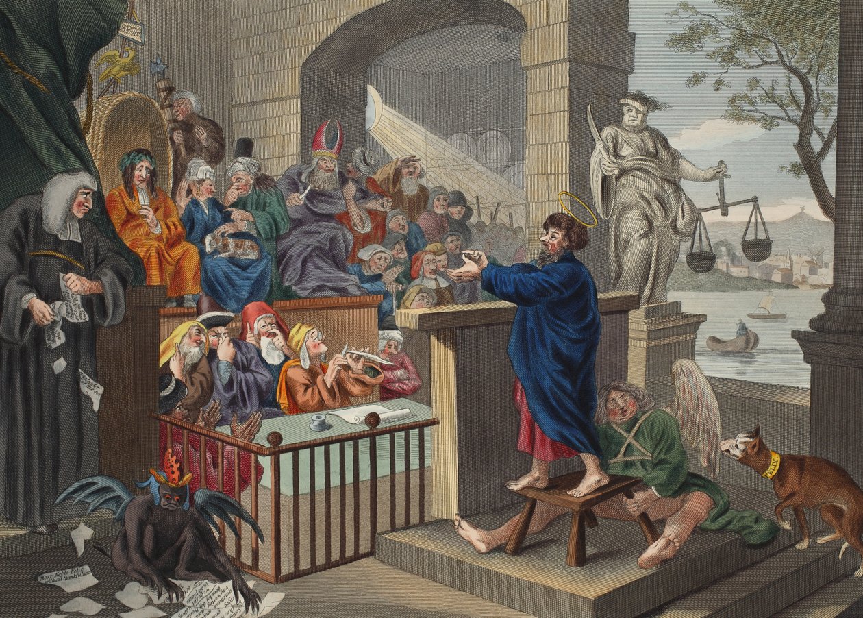 Paul przed Feliksem, ilustracja z „Hogarth Restored: The Całe Dzieła sławnego Williama Hogartha, ponownie grawerowane przez Thomasa Cooka”, wyd. 1812 (grawerowanie ręcznie kolorowane) autorstwa William Hogarth