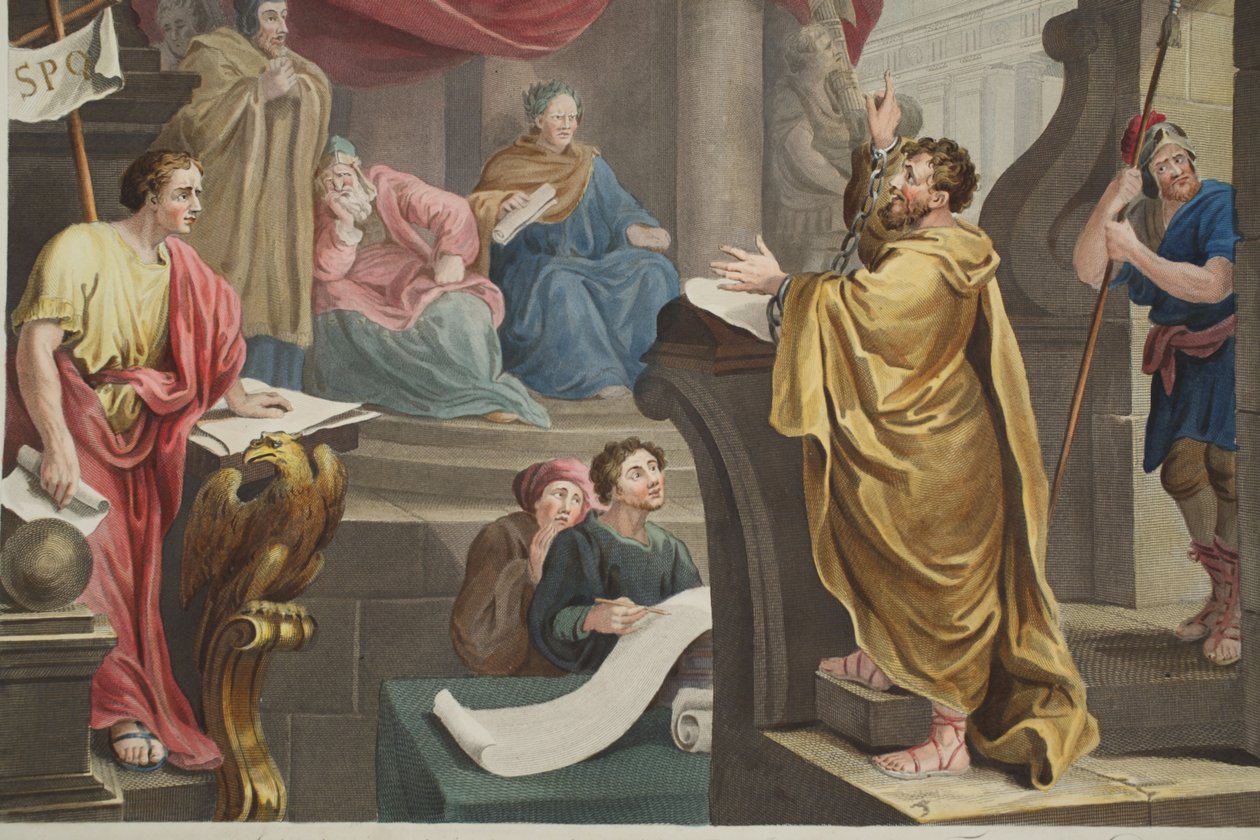 Paul przed Feliksem, ilustracja z „Hogarth Restored: The Całe Dzieła sławnego Williama Hogartha, ponownie grawerowane przez Thomasa Cooka”, wyd. 1812 (grawerowanie ręcznie kolorowane) autorstwa William Hogarth