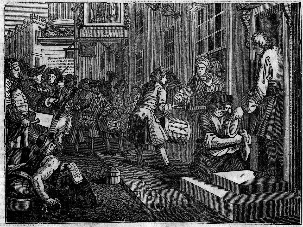 Talerz z serii 12 rycin Williama Hogartha (1697-1764), brytyjskiego ilustratora, zatytułowanego „Przemysł i bezczynność”, „Zele i lenistwo”, opowiadającego o karierach dwóch uczniów: ślub Goodchilda z córką swojego mistrza tkactwa autorstwa William Hogarth