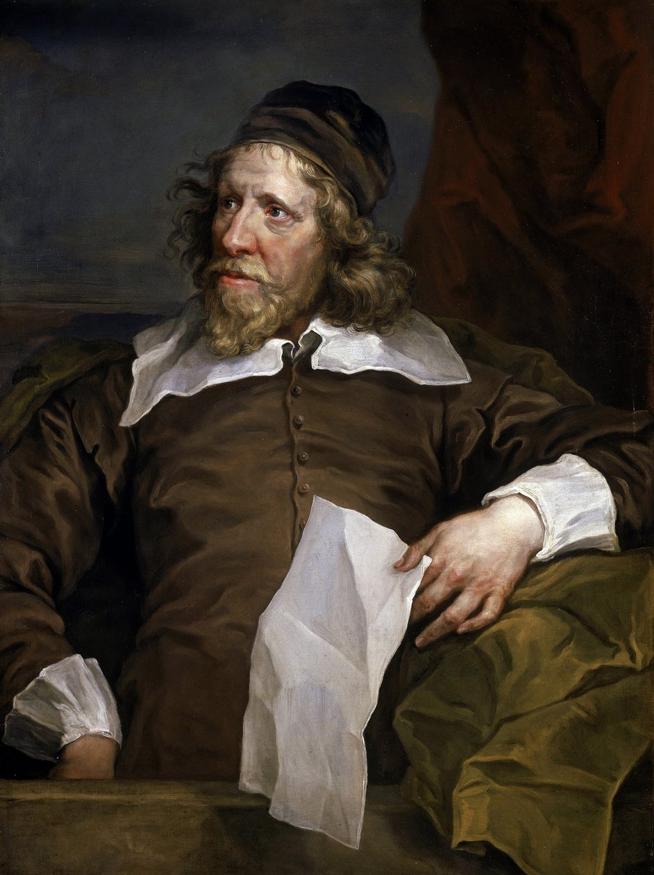 Portret Inigo Jonesa (1573-1652), scenografa i architekta, który po pobycie we Francji i Włoszech wprowadził architekturę renesansową na brytyjski dwór królewski. autorstwa William Hogarth