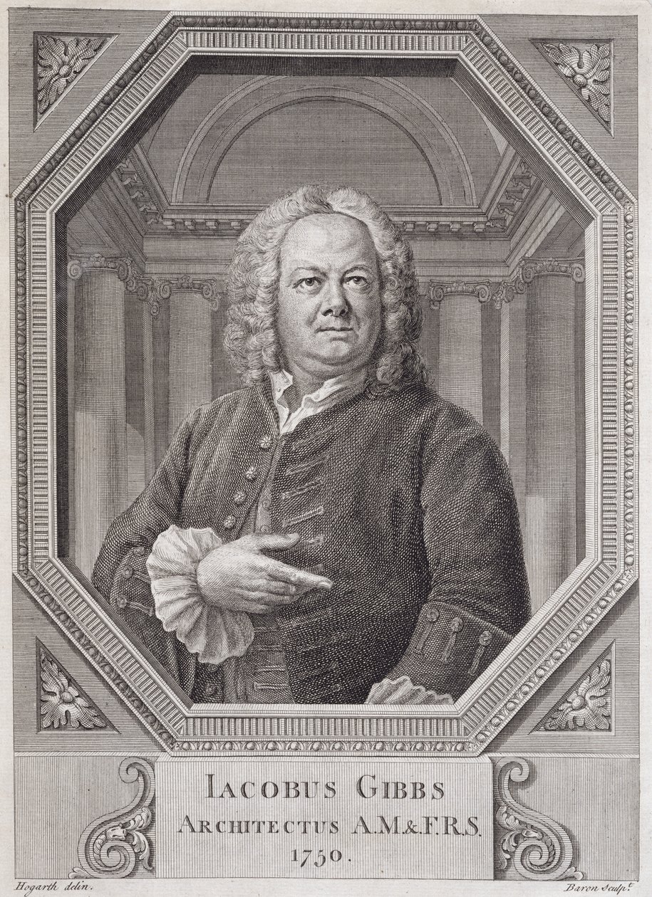 Portret Jamesa Gibbsa (1682-1754) z „Planów, sekcji i elewacji Biblioteki Radcliffe”, rytowany przez Bernarda Barona (1696-c.1766) 1750 autorstwa William Hogarth