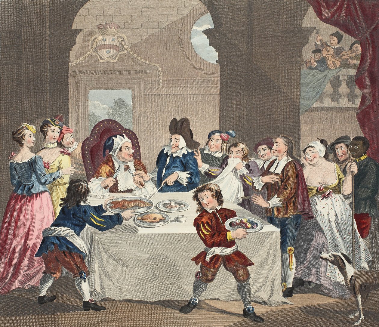 Sancho na uczcie Zagłodzony przez swojego lekarza, ilustracja z „Hogarth Restored: The Whole Works of the sławnego Williama Hogartha, ponownie grawerowane przez Thomasa Cooka”, wyd. 1812 (grawerowanie ręcznie kolorowane) autorstwa William Hogarth