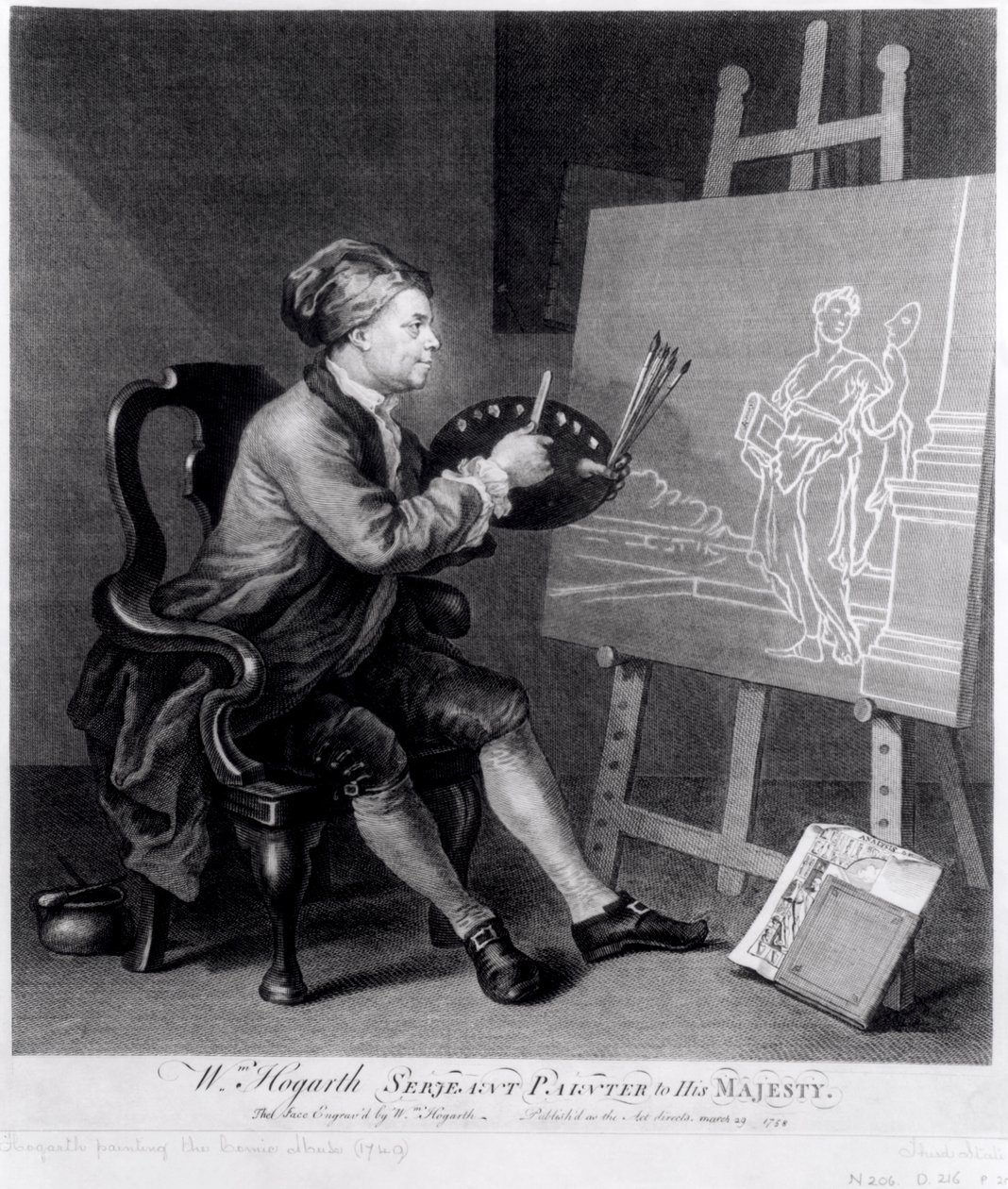Autoportret Malowanie Komiksowej Muzy, sztychowany przez artystę, wyd. 1758 autorstwa William Hogarth