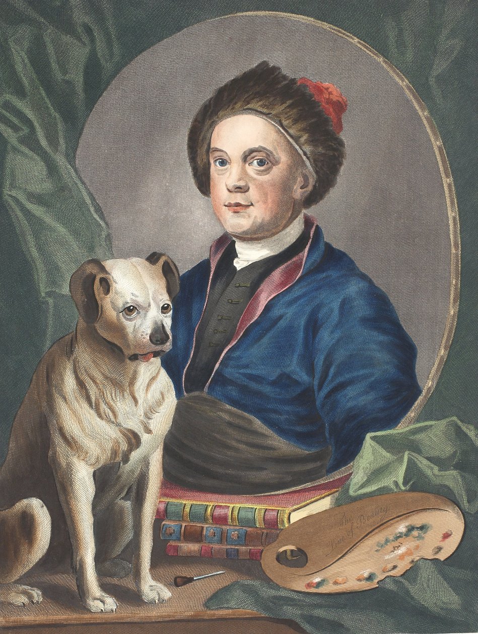 Autoportret, ilustracja z „Hogarth Restored: The Whole Works of the sławny William Hogarth, ponownie grawerowany przez Thomasa Cooka”, wyd. 1812 (grawerowanie ręcznie kolorowane) autorstwa William Hogarth