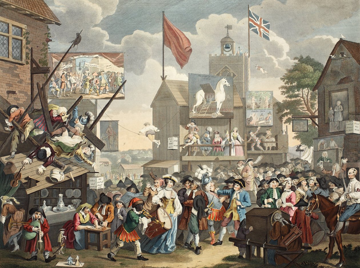 Targi w Southwark, 1733, ilustracja z „Hogarth Restored: The Whole Works of the sławny William Hogarth, ponownie grawerowany przez Thomasa Cooka”, wyd. 1812 (grawerowanie ręcznie kolorowane) autorstwa William Hogarth
