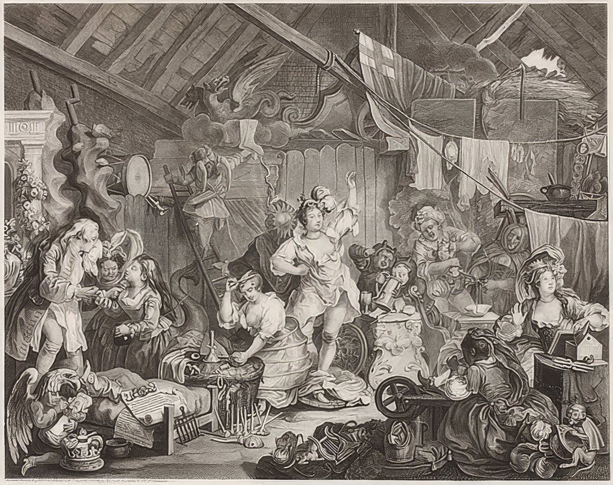 Spacerujące aktorki ubierają się w stodole. 1738 autorstwa William Hogarth