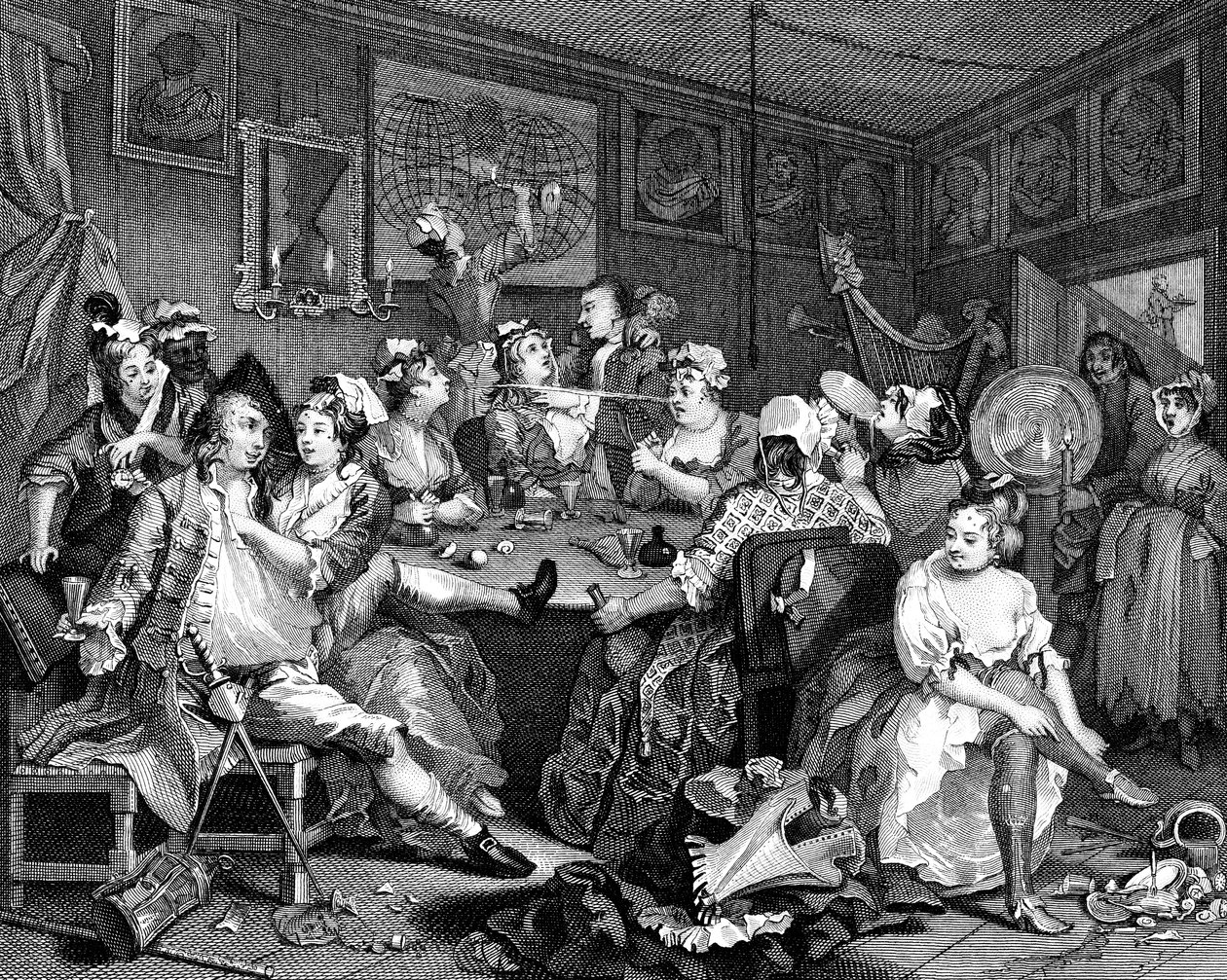 Scena z tawerny z „Postępu grabieży”, 1735 autorstwa William Hogarth