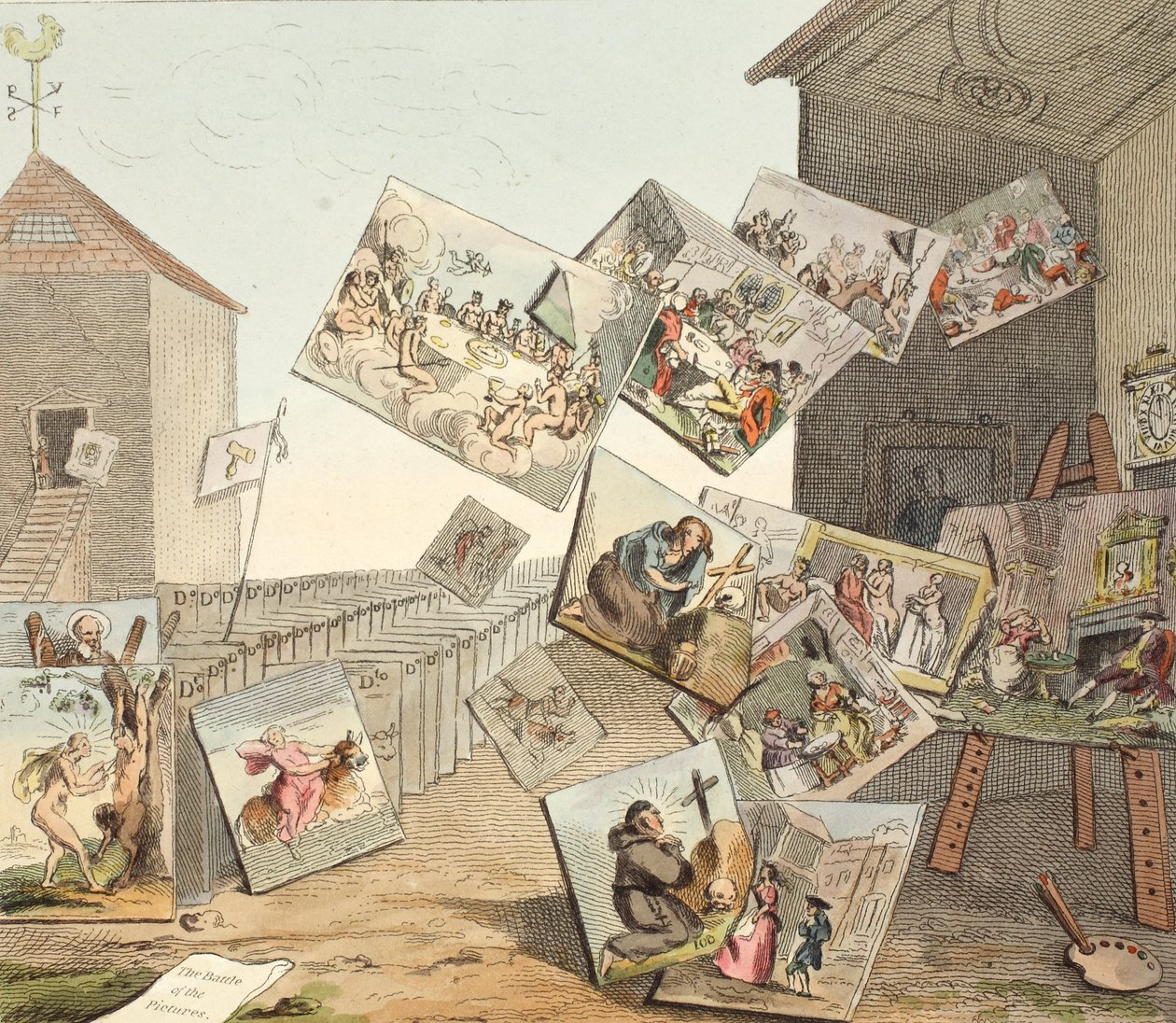 Bitwa o obrazy, ilustracja z „Hogarth Restored: The Whole Works of the sławny William Hogarth, ponownie grawerowany przez Thomasa Cooka”, wyd. 1812 (grawerowanie ręcznie kolorowane) autorstwa William Hogarth
