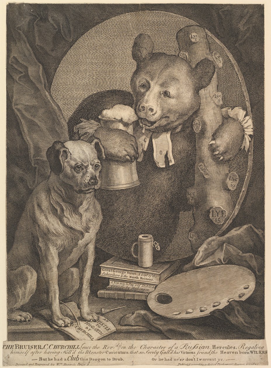 Karykatura Bruisera Charlesa Churchilla, 1 sierpnia 1762 r. autorstwa William Hogarth