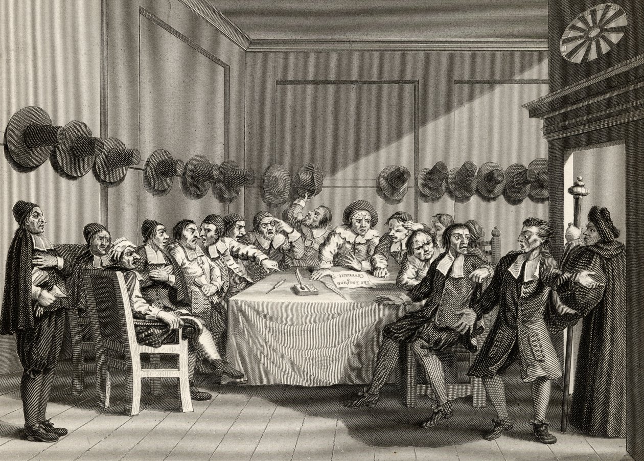 Komitet, z „Hudibras” Samuela Butlera (1612-80) ryty przez Charlesa Mottrama (1807-76) z „Prac Williama Hogartha”, wydanej w 1833 r. autorstwa William Hogarth