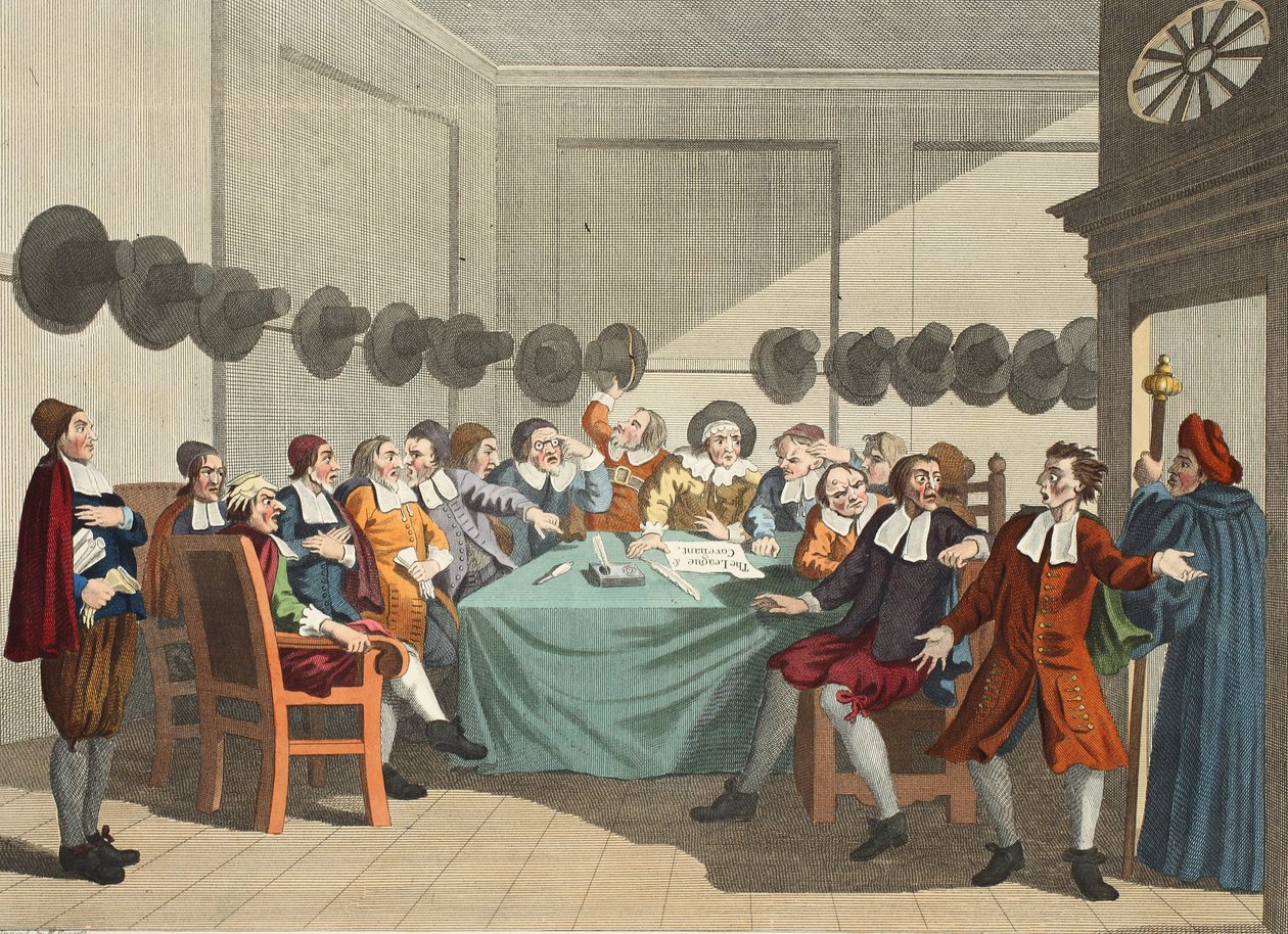 Komitet, z „Hudibras” Samuela Butlera (1612-80), ilustracja z „Hogarth Restored: The Whole Works of the sławnego Williama Hogartha, regrawerowane przez Thomasa Cooka”, wyd. 1812 (ręcznie barwione autorstwa William Hogarth