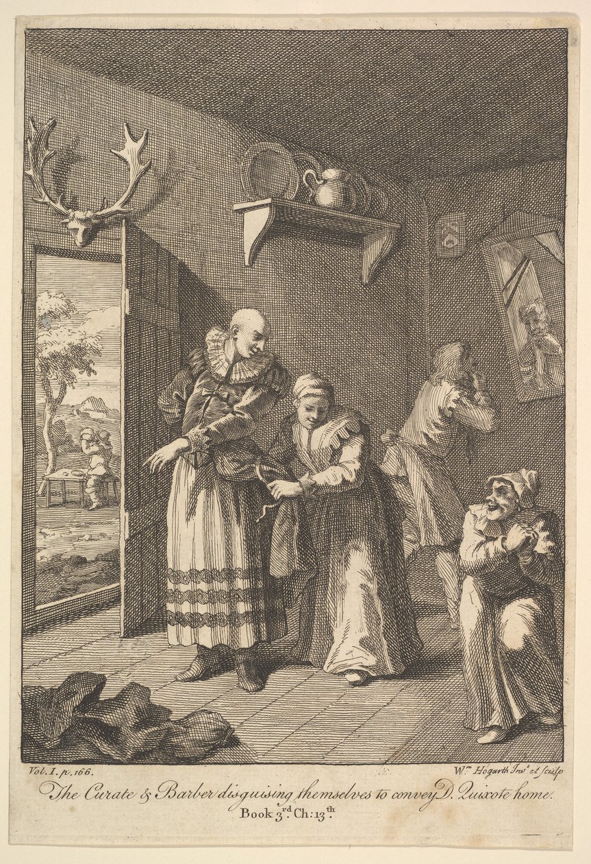 Wikariusz i fryzjer przebierają się, by przekazać Don Kichota Dom Szósty I..., 1756 lub później. autorstwa William Hogarth