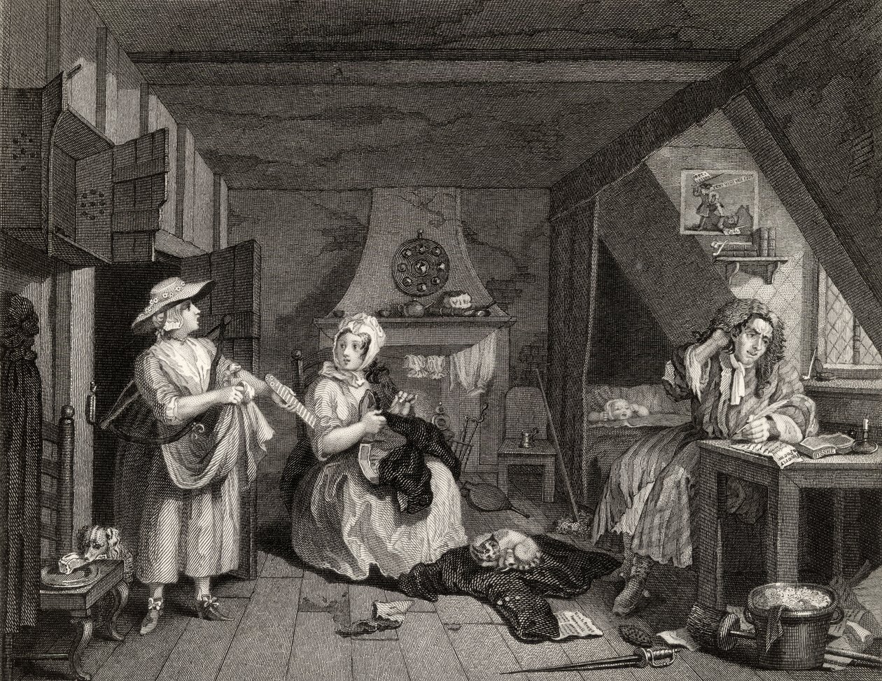 The Distressed Poeta, z „Prac Williama Hogartha”, wydana w 1833 r. autorstwa William Hogarth