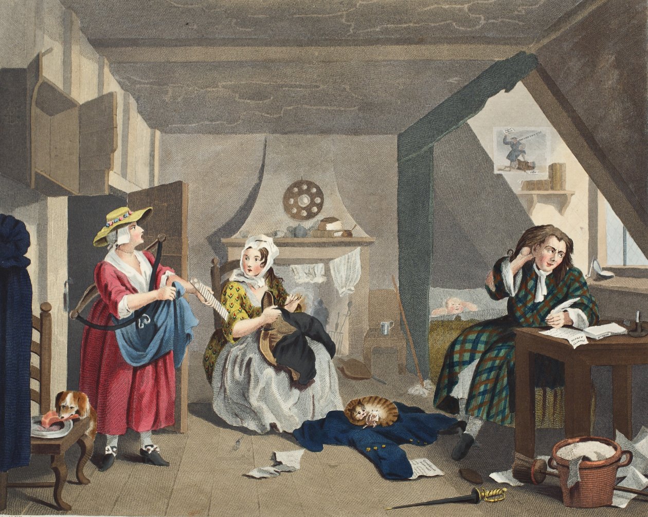 The Distressed Poet, ilustracja z „Hogarth Restored: The Whole Works of the sławnego Williama Hogartha, ponownie grawerowane przez Thomasa Cooka”, wyd. 1812 (grawerowanie ręcznie kolorowane) autorstwa William Hogarth